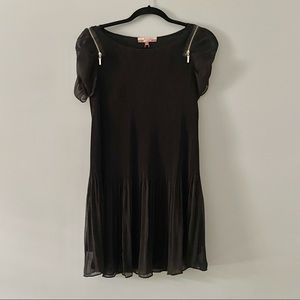 Puff sleeve pleated black silk dress